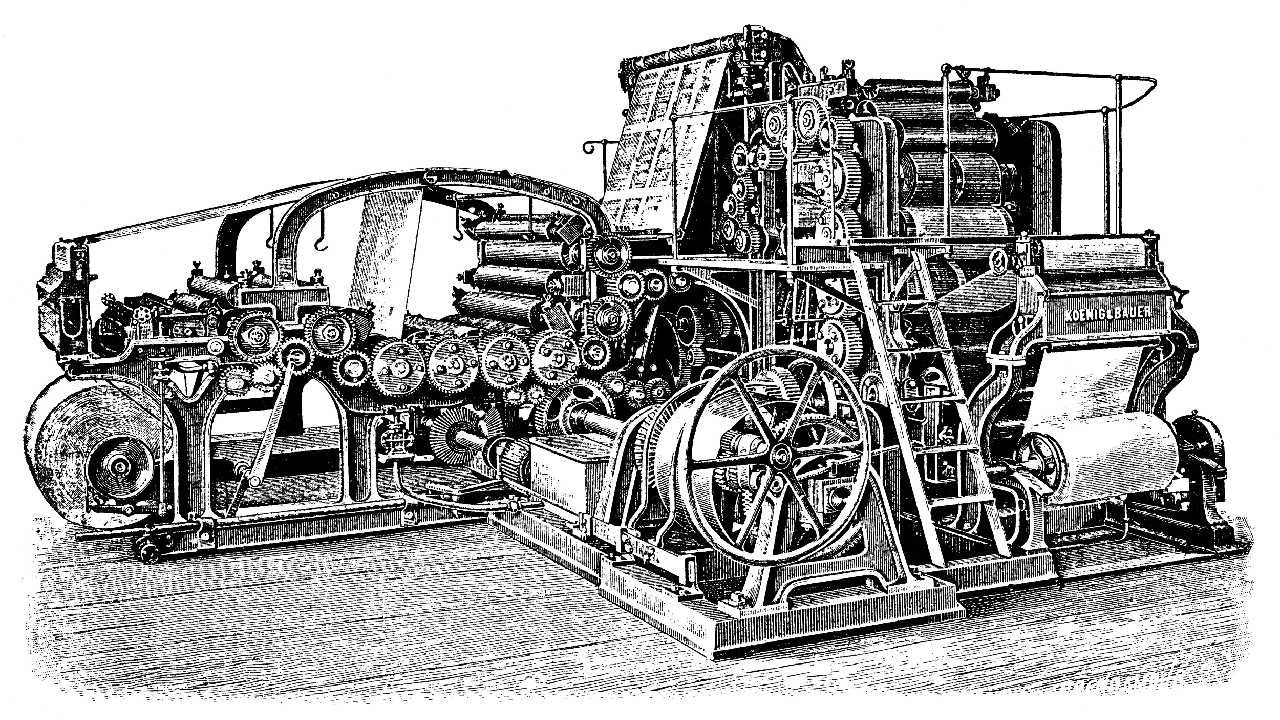 A black and white sketch of a 19th Century printing press